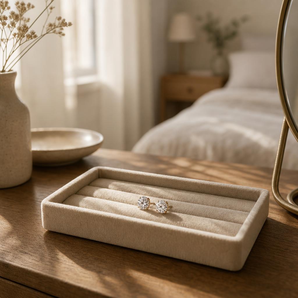 A single pair of stud earrings resting on a velvet tray in warm light