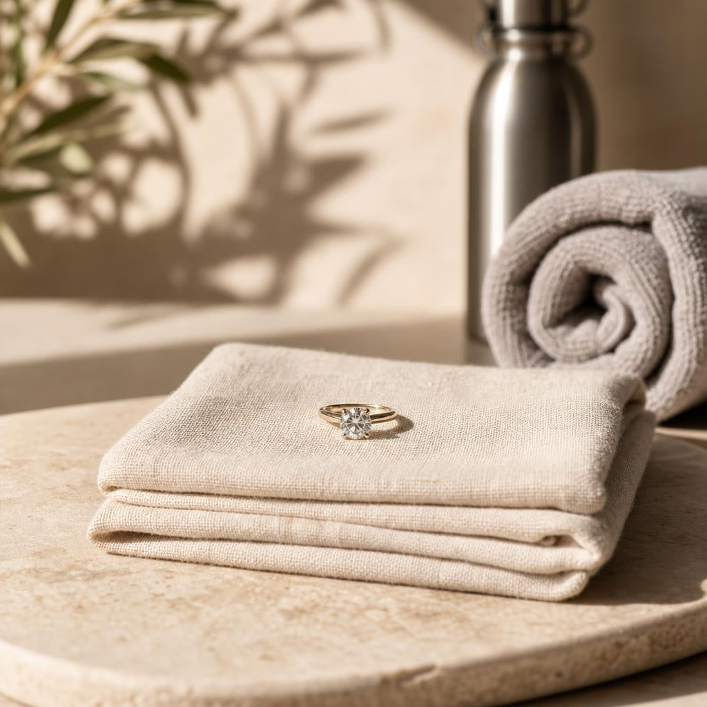 A sparkling ring resting centered on a folded cream linen towel
