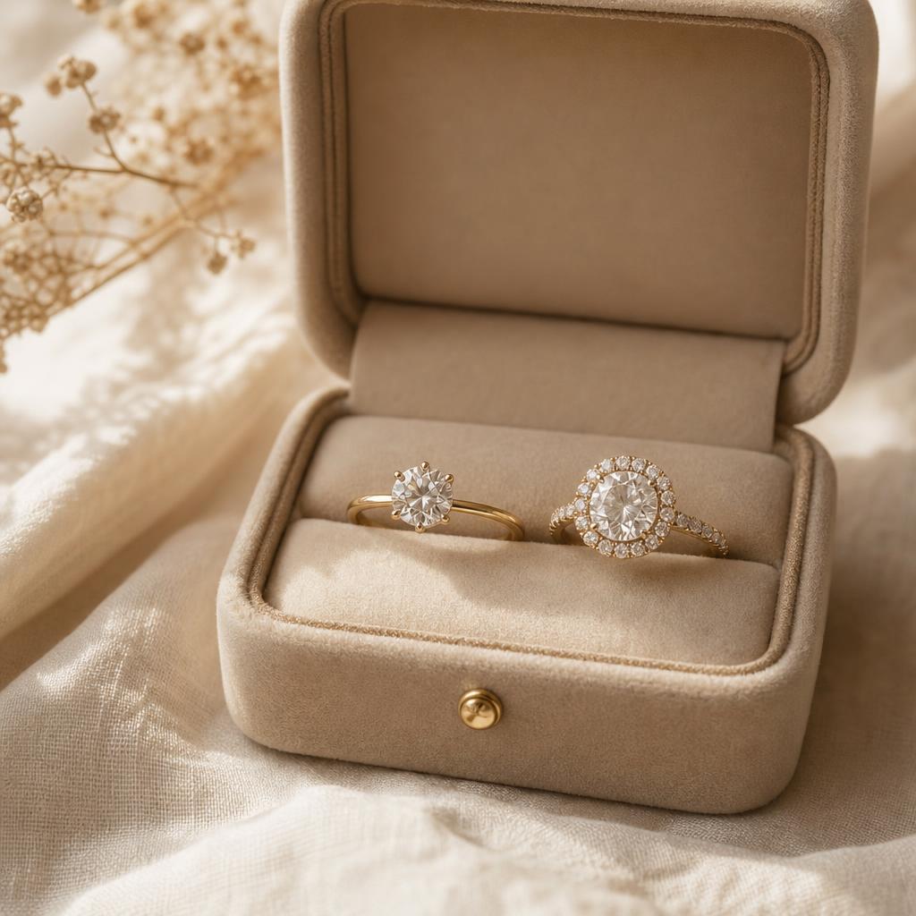 Two engagement rings resting side by side in an open velvet ring box