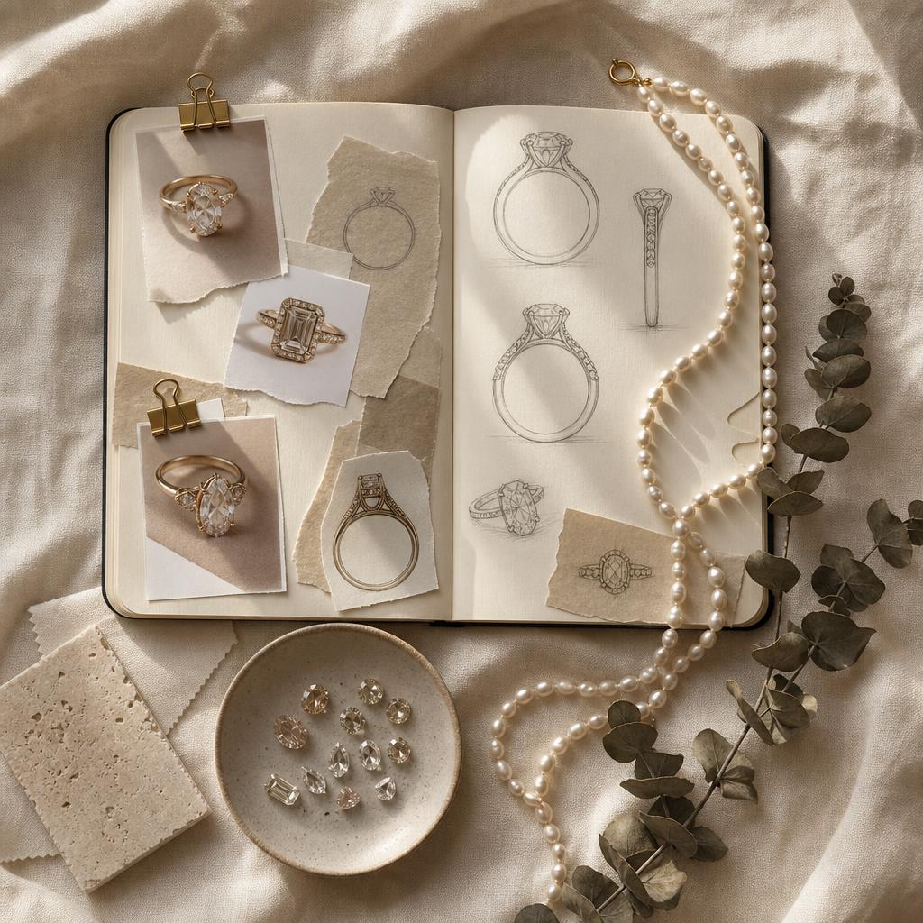 Flat-lay mood board of ring inspiration cutouts, pearls, and gemstones