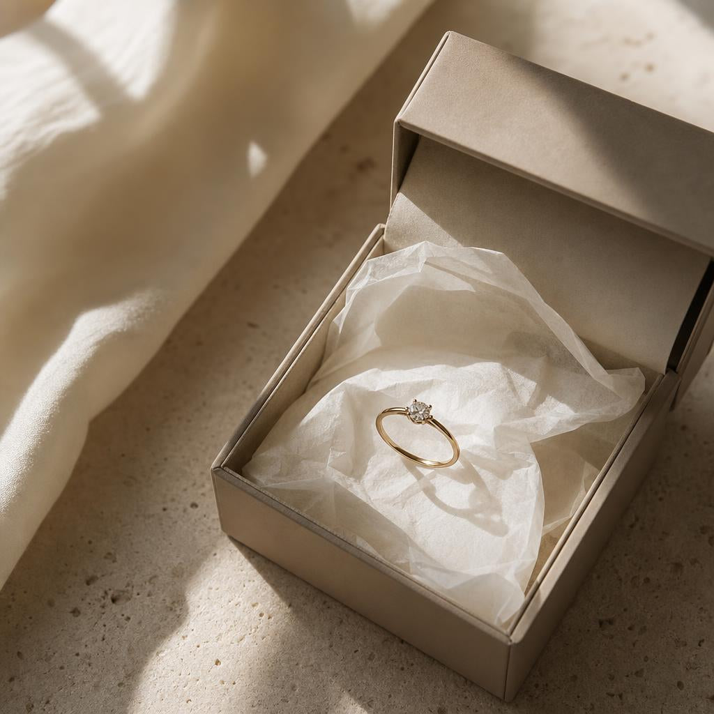 Delicate ring resting in an open jewelry box with soft tissue paper