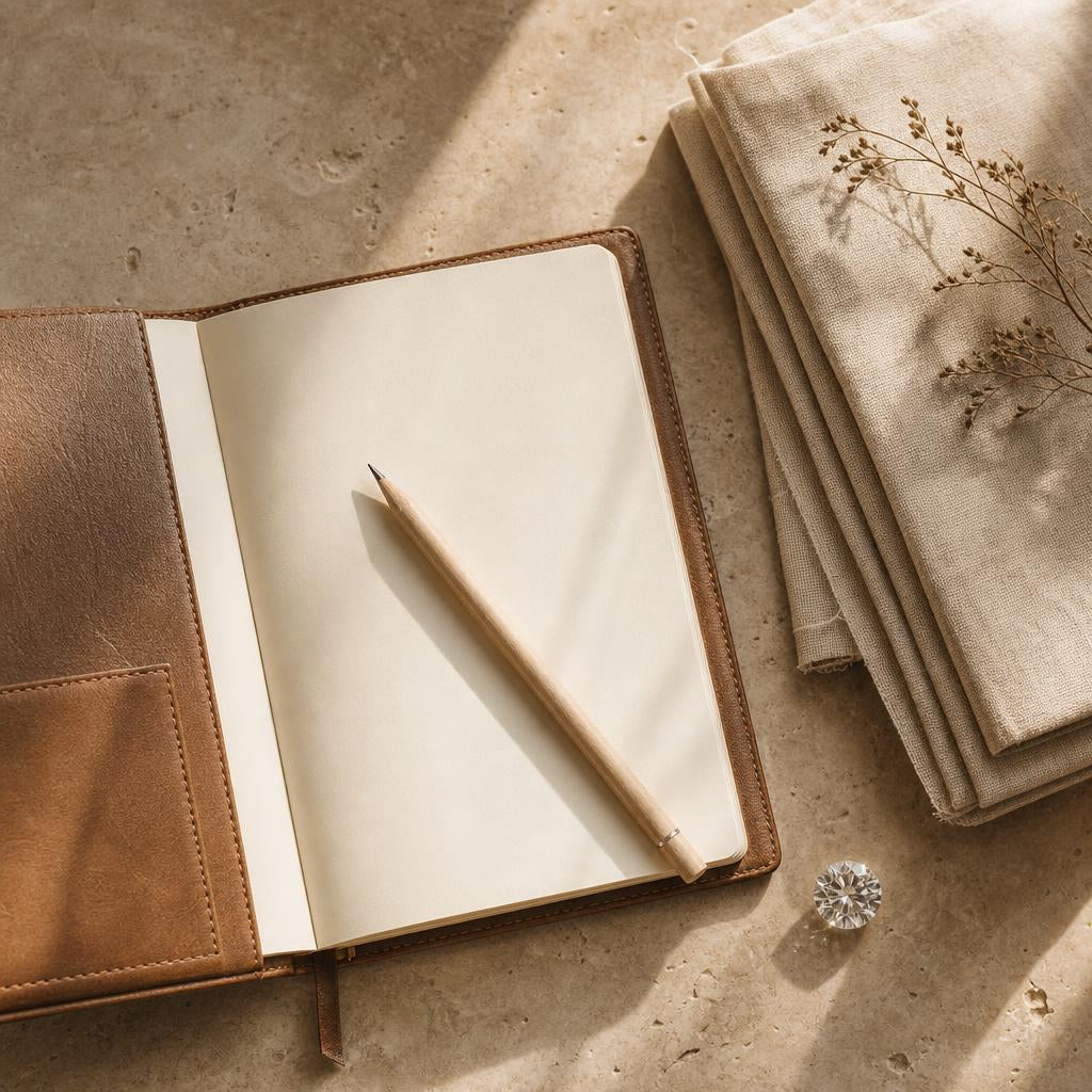 Notebook, pencil, folded linen, and a loose gemstone on a stone surface
