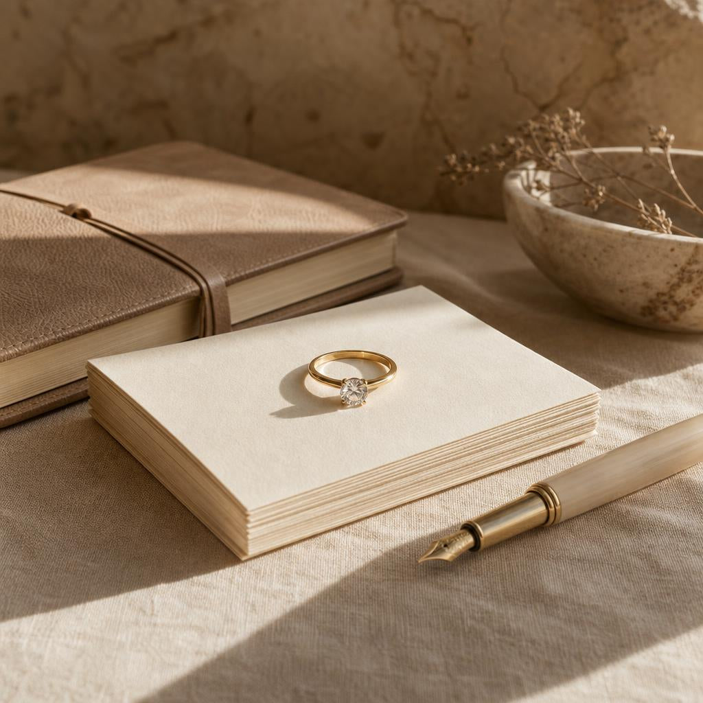 Solitaire ring resting on notecards and a notebook on cream linen