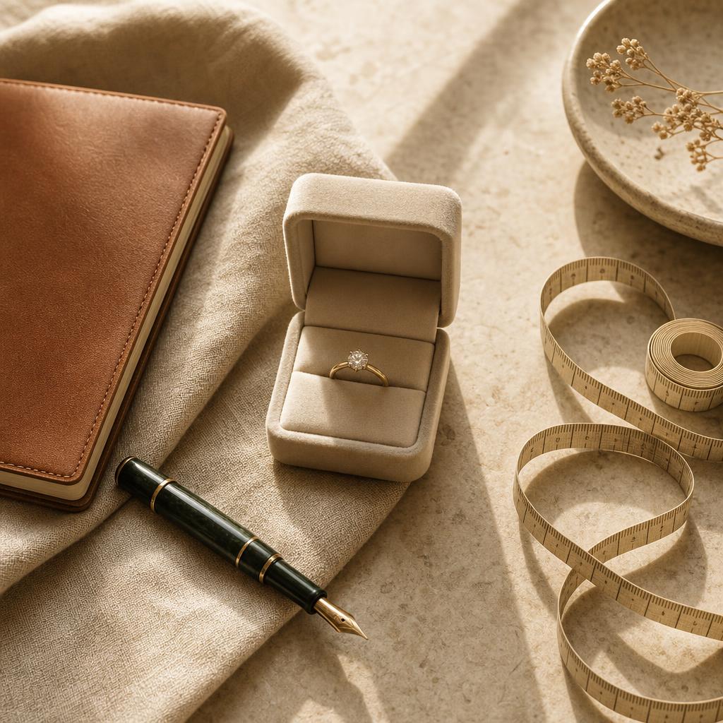 Open ring box, notebook, and measuring tape on warm linen surface