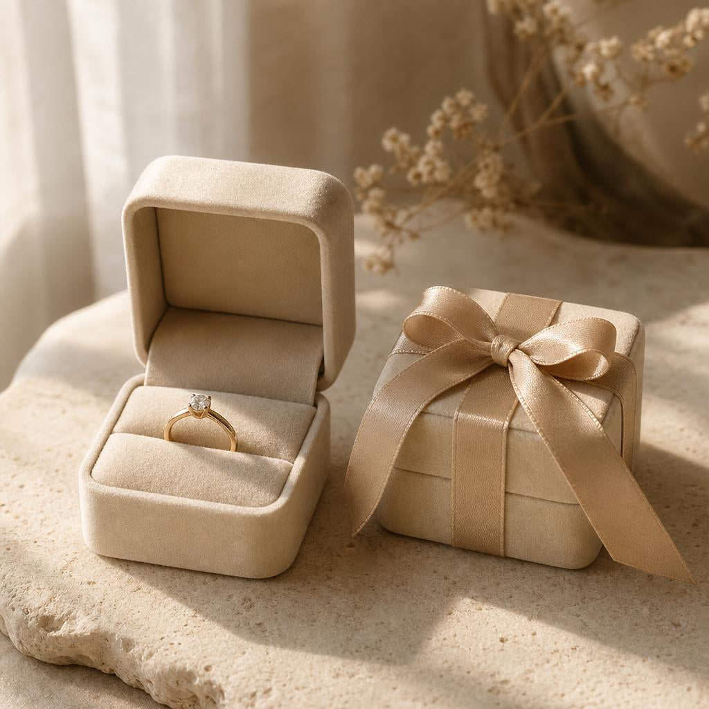 Two ring boxes on a warm stone surface, one open with a ring inside