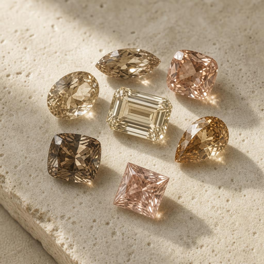 Loose faceted gemstones in varied cut shapes scattered on cream stone
