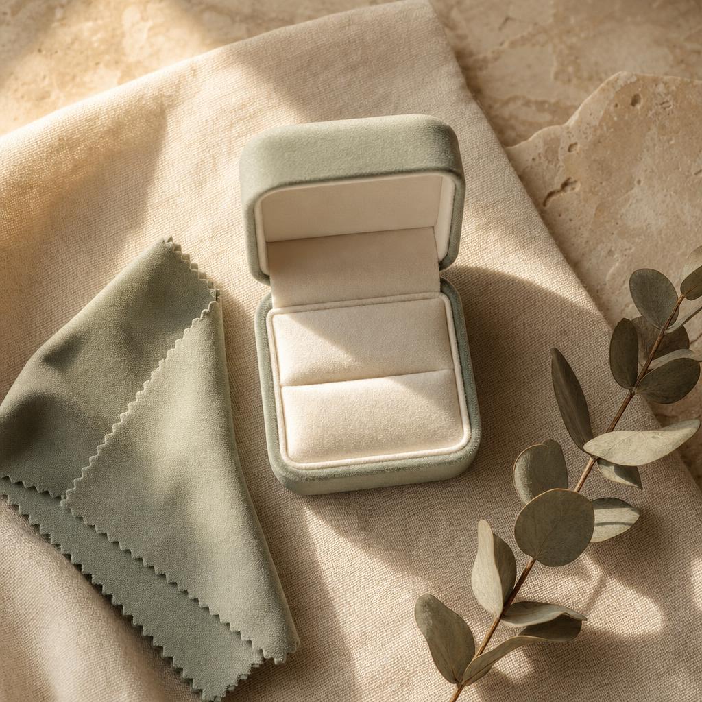 Open ring box and polishing cloth on warm cream linen