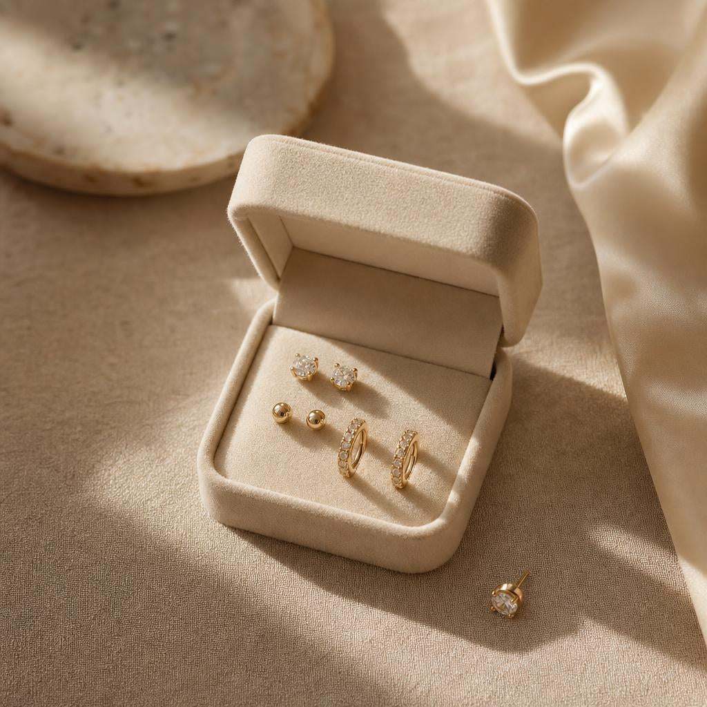 Small open jewelry box with earrings on a warm cream linen surface