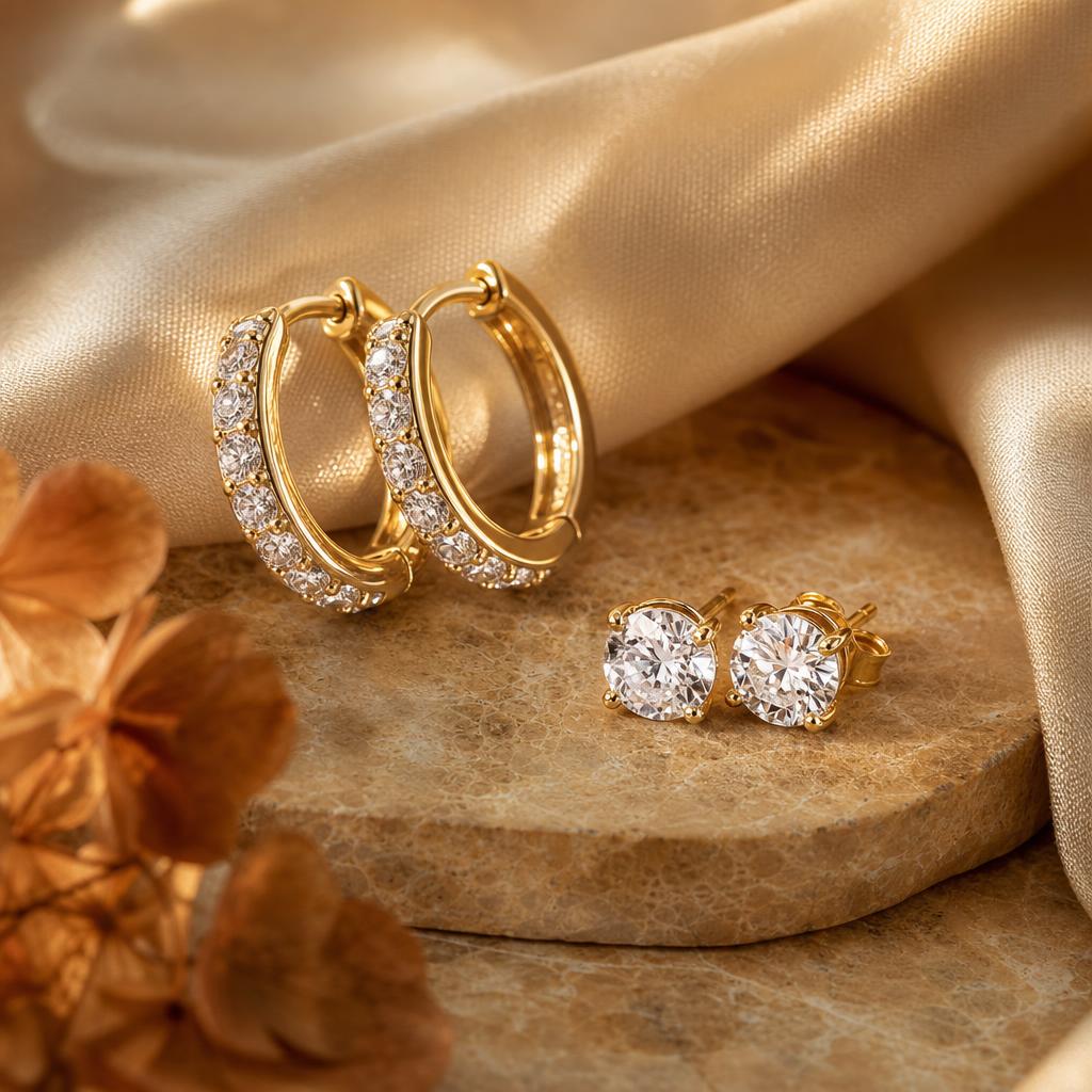 Warm gold huggie hoop and stud earrings arranged on cream silk fabric