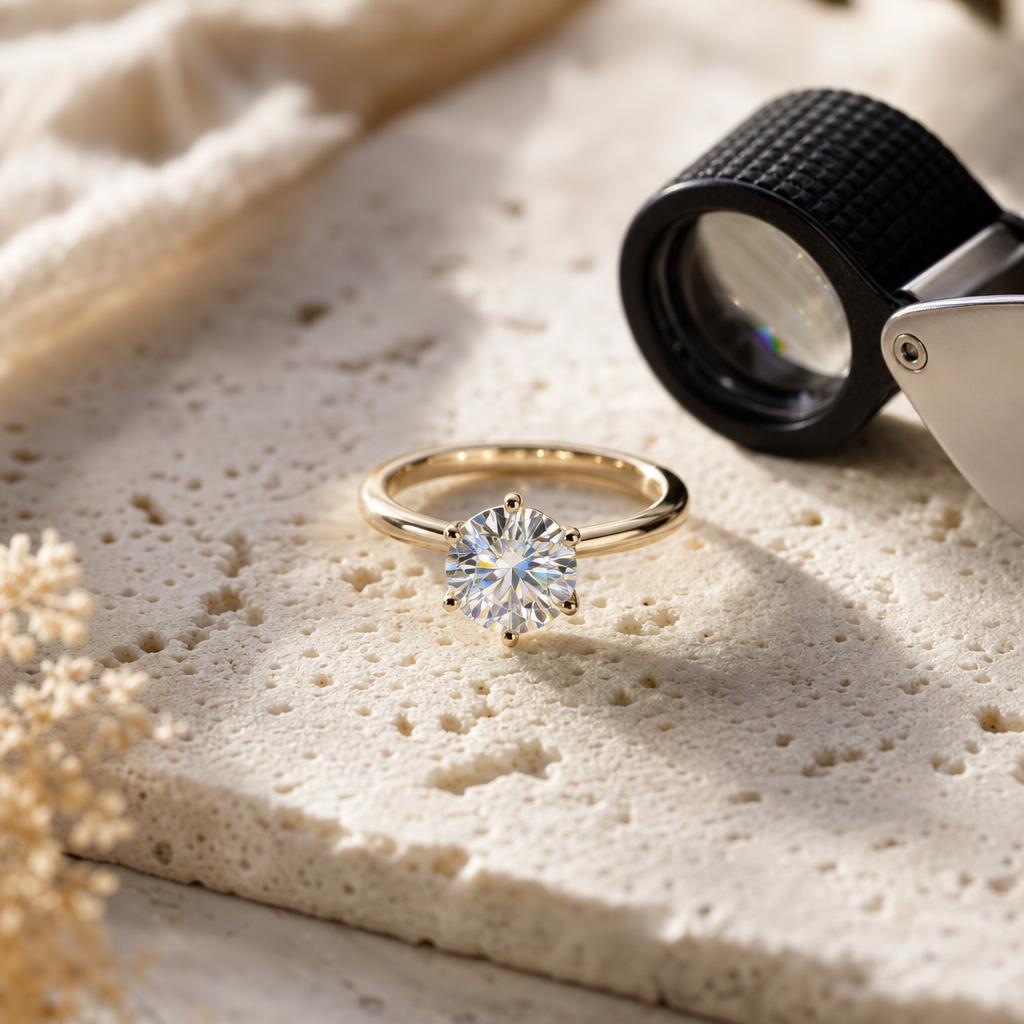 Round moissanite solitaire ring beside a jeweler's loupe on pale stone