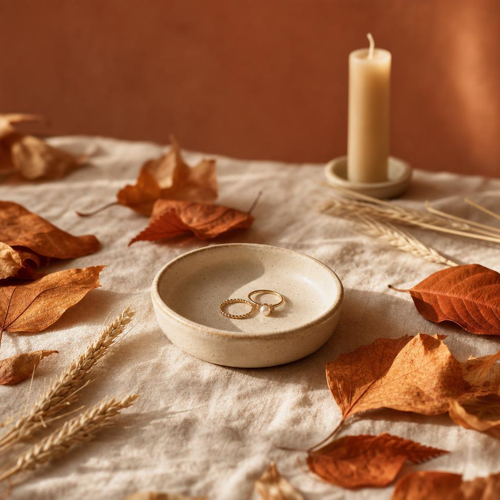 Empty ring dish styled with dried autumn leaves on cream linen