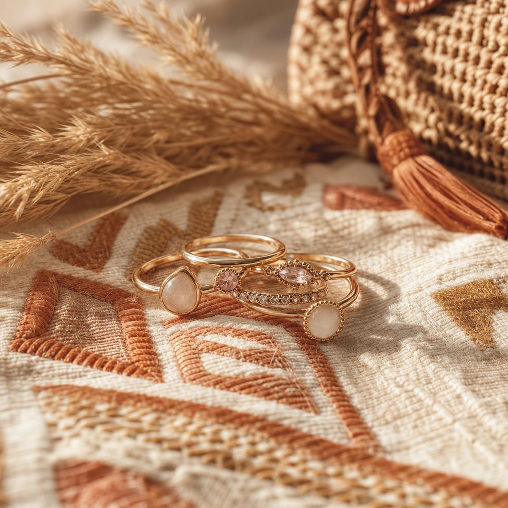 Delicate stacking rings resting on warm woven bohemian textile