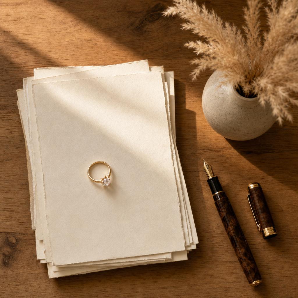 Elegant ring resting beside stationery and a pen on a desk