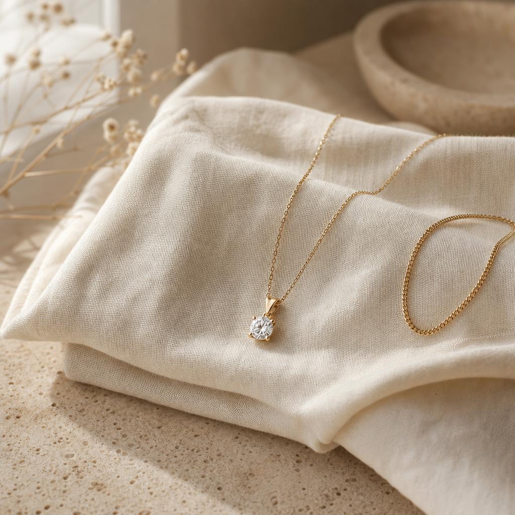 Delicate solitaire pendant necklace on folded cream linen in soft window light