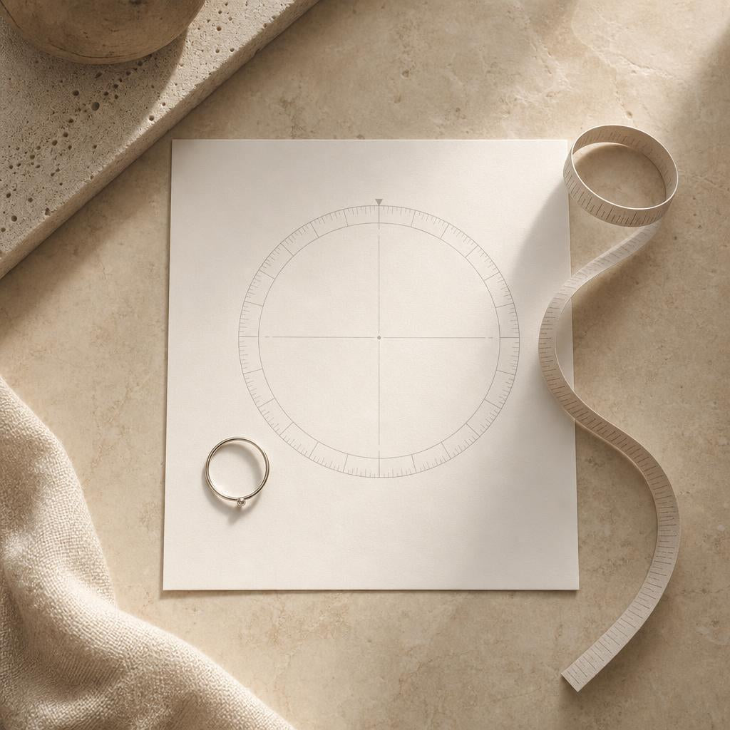 Printed sizing circle, paper measuring strip, and slender ring on stone