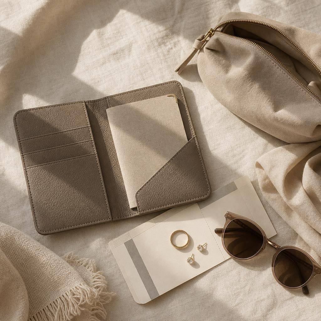 Passport, jewelry pouch, ring and earrings styled for international travel