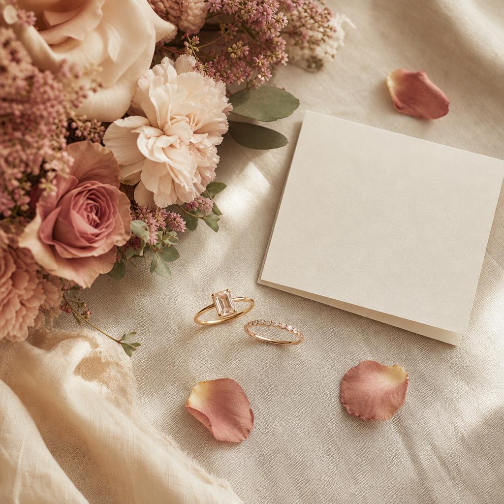 Two delicate rings and blush flowers on a cream linen surface