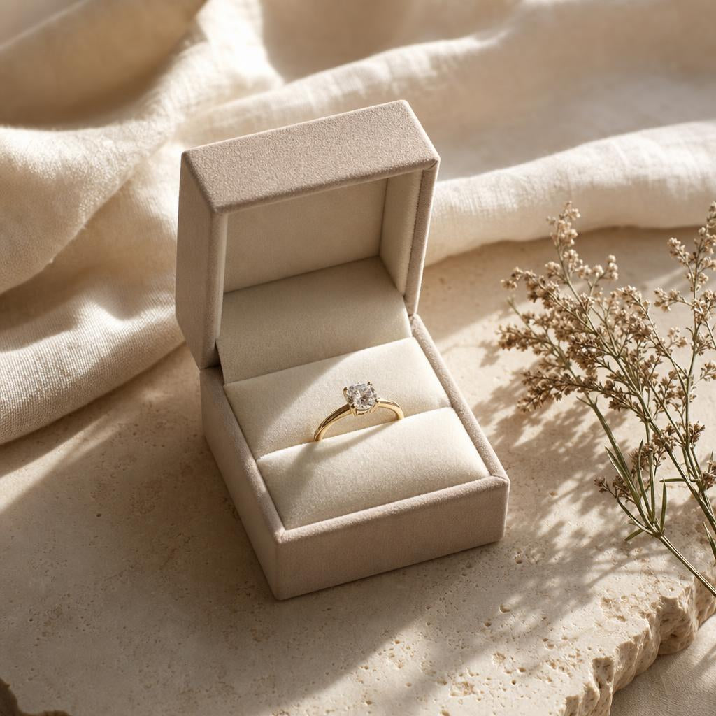 Elegant open ring gift box on a warm neutral background