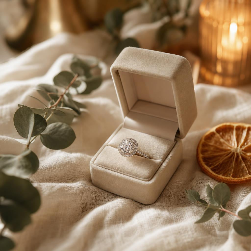 Open ring box with halo ring, eucalyptus and dried orange slice on cream linen