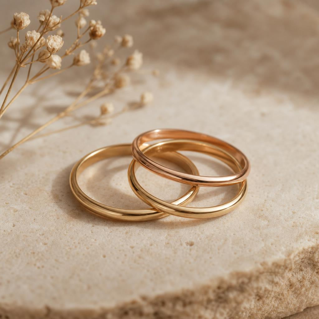 Stacked gold and rose-gold wedding bands on a warm neutral surface