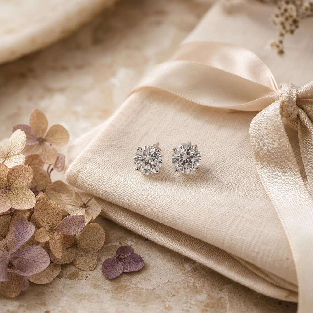 Pair of sparkling stud earrings on cream linen with satin ribbon
