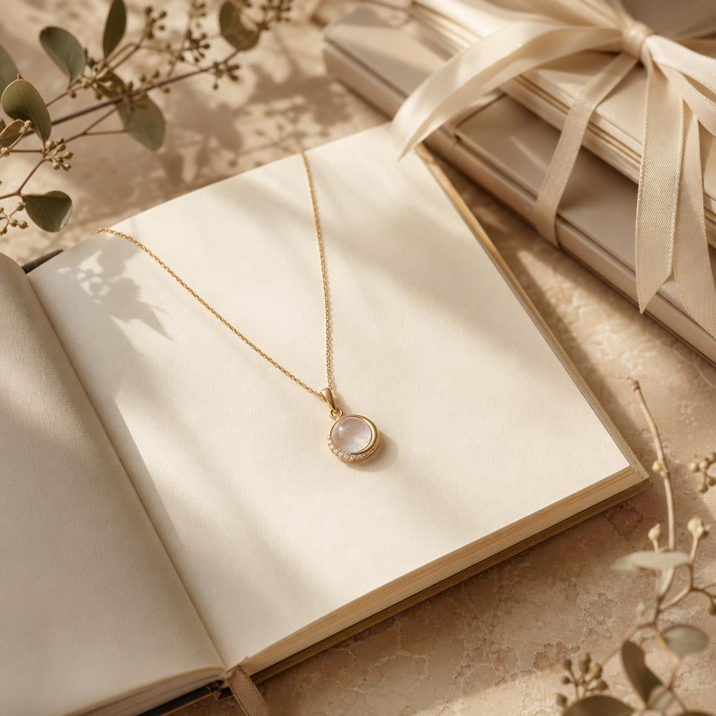 Pendant necklace resting on an open journal, symbolizing a graduation milestone