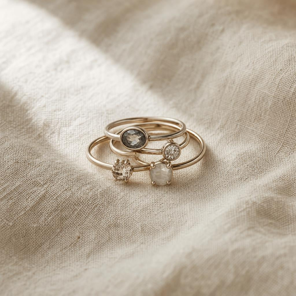 Neutral-toned stacked rings on soft cream fabric in warm natural light