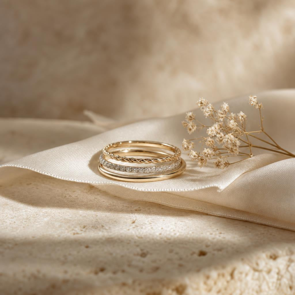 Three slender stacked rings resting on ivory silk against warm stone