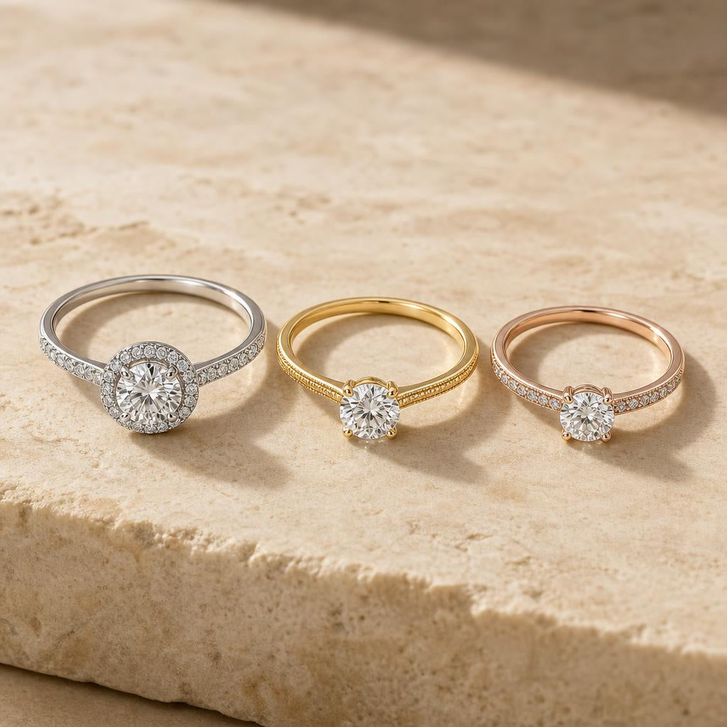 Three diamond rings of different sizes lined up on cream stone surface