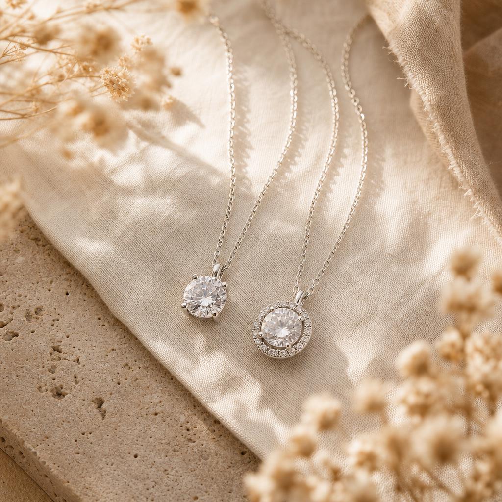 Two silver pendant necklaces, one halo-set and one solitaire, on cream linen