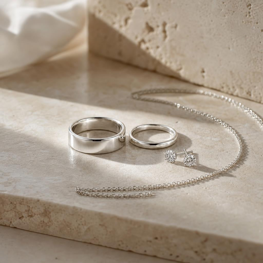 Two polished silver bands, a fine chain and round studs on cream stone