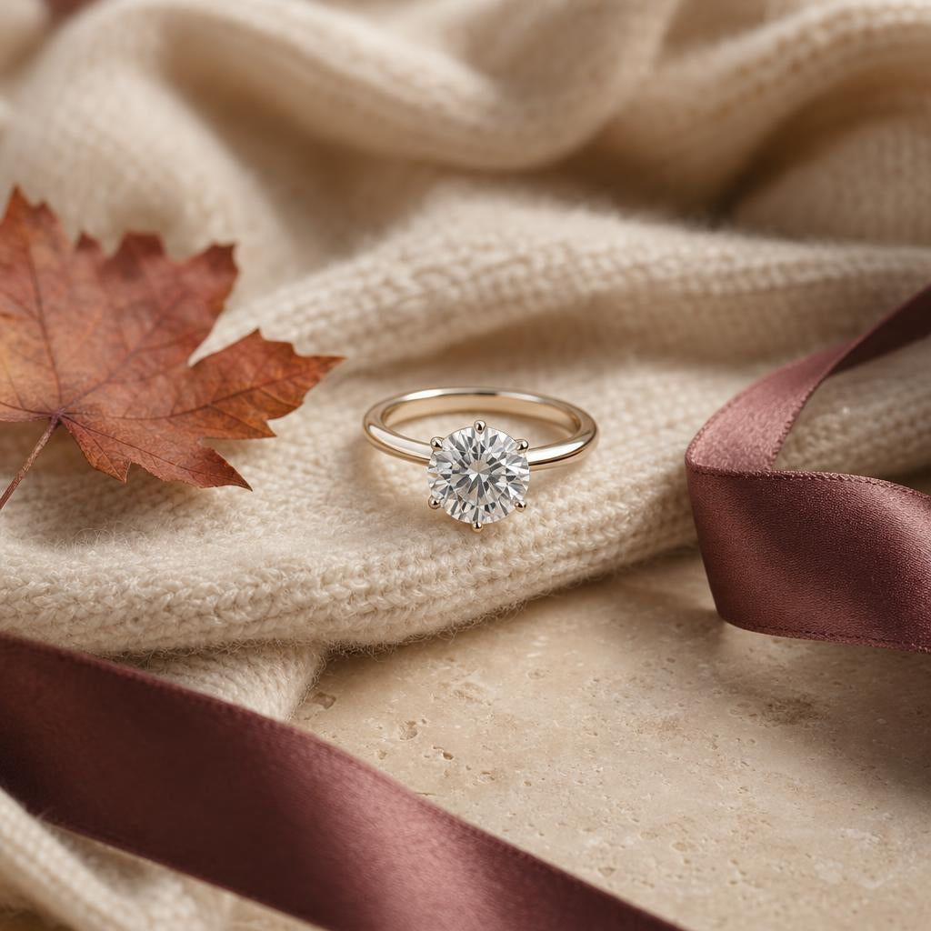 Sparkling diamond ring on cream knit scarf with autumn leaf and burgundy ribbon