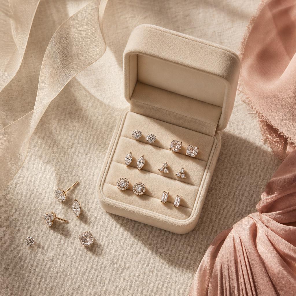 Open jewelry box with sparkling stud earrings on cream linen