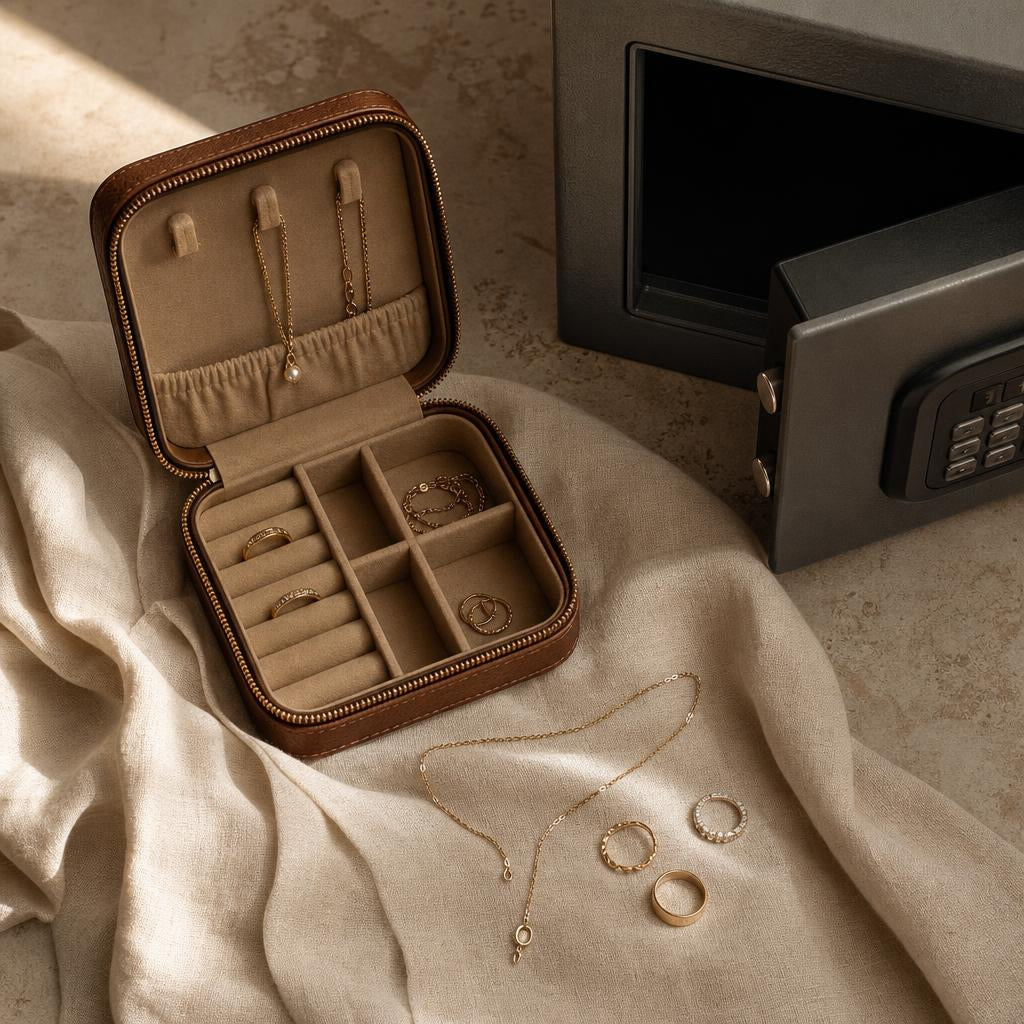 Open leather travel jewelry case beside a hotel room safe