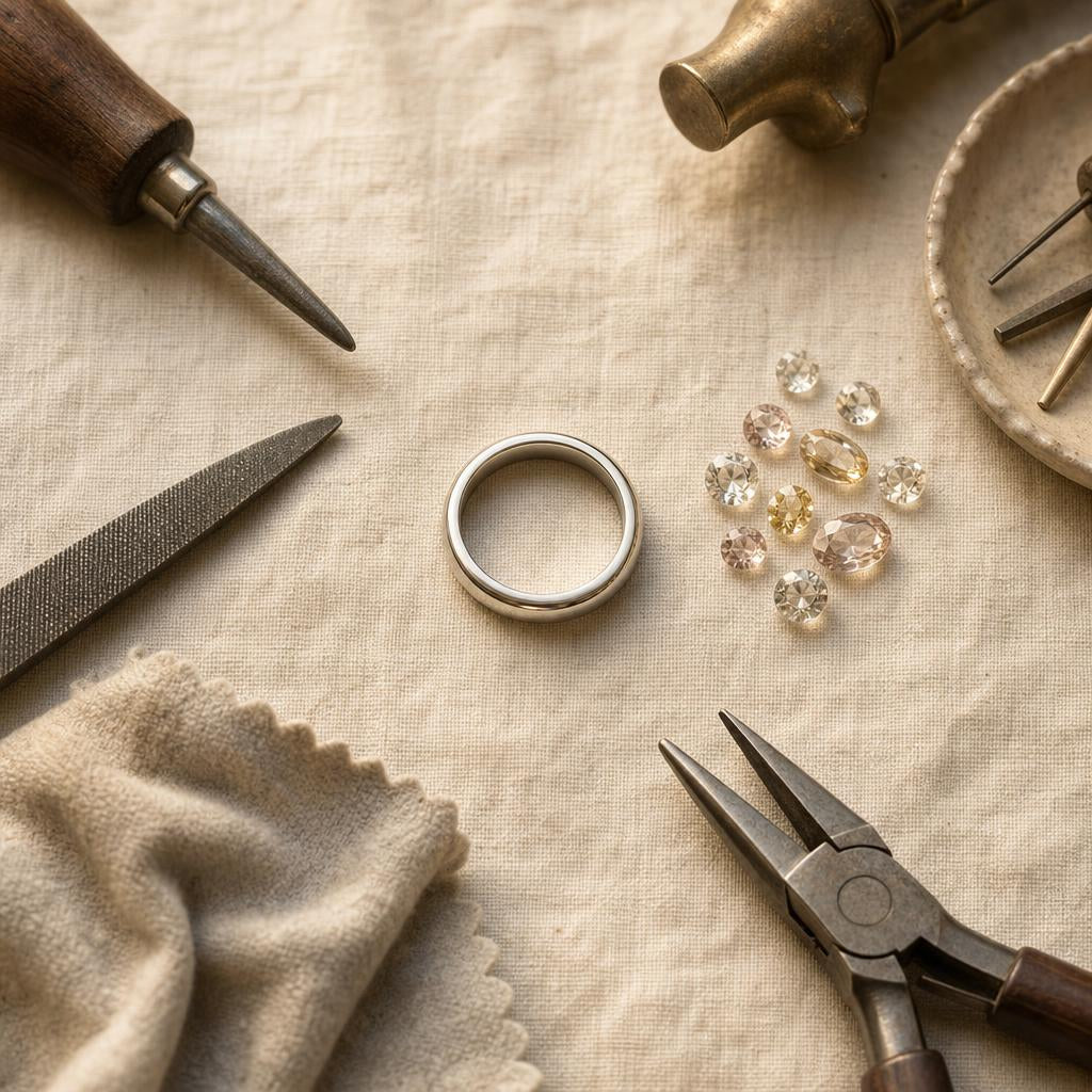 Overhead view of an unset ring band and loose gemstones on a jeweler's workbench
