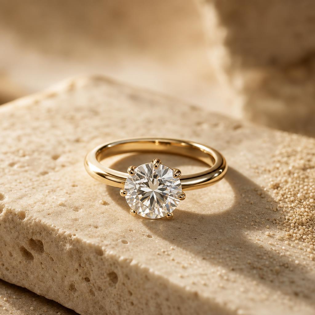 Sparkling ring resting on sunlit warm stone surface
