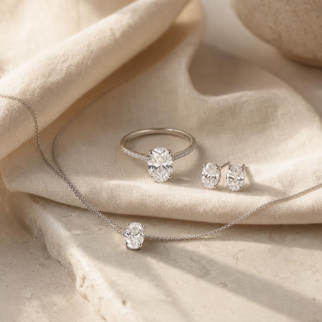 Ring, pendant necklace and stud earrings arranged on cream linen with space between