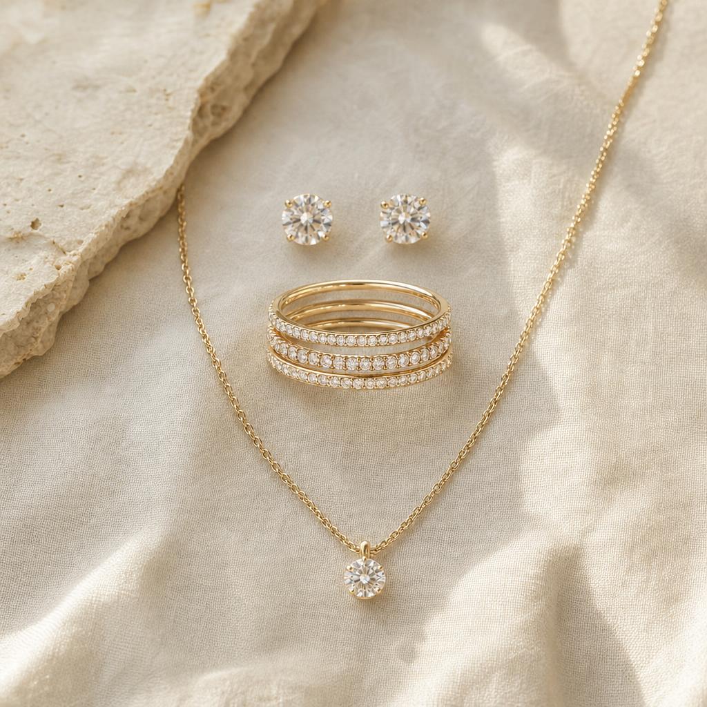 Stacked sparkling bands, pendant necklace and stud earrings arranged on cream linen