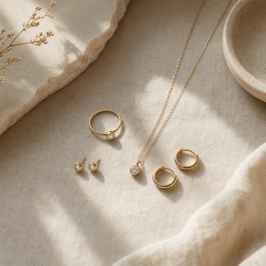 Five curated jewelry pieces arranged on a warm cream linen surface