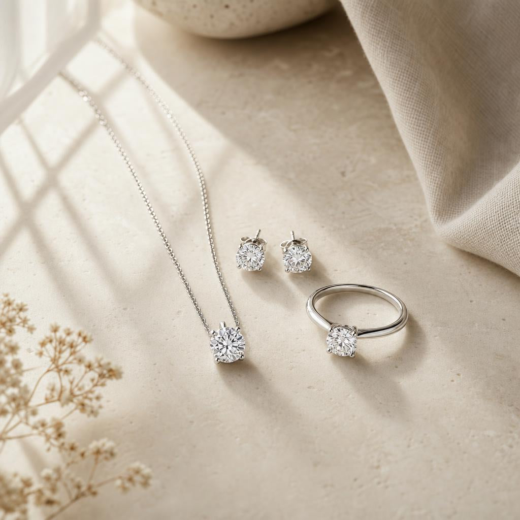 Curated pendant, stud earrings and solitaire ring on a cream stone surface