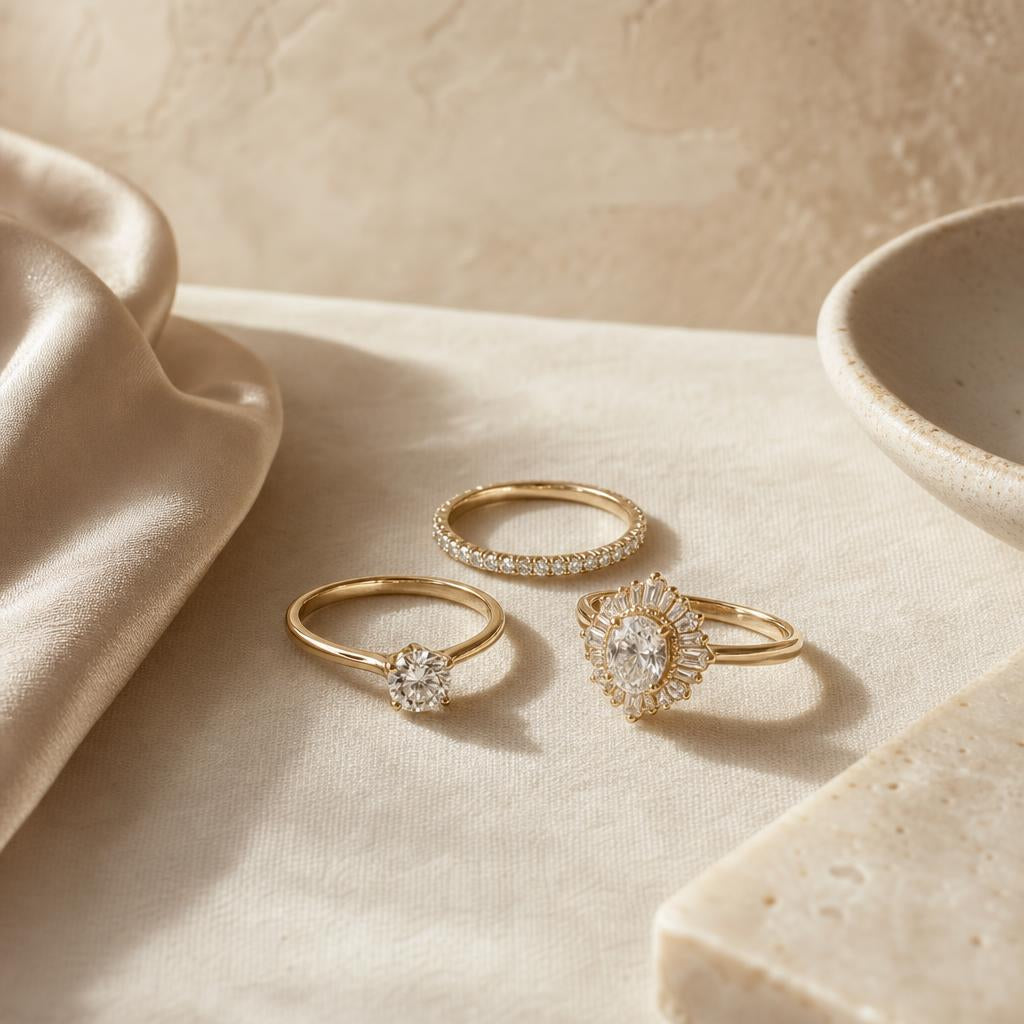 Three delicate rings arranged together on warm cream linen fabric