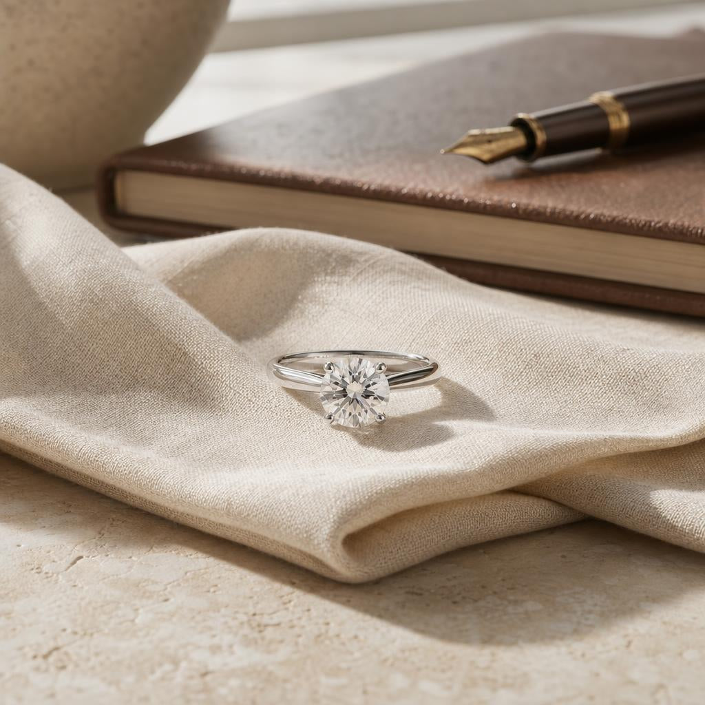 Solitaire ring on cream linen beside a leather notebook and fountain pen