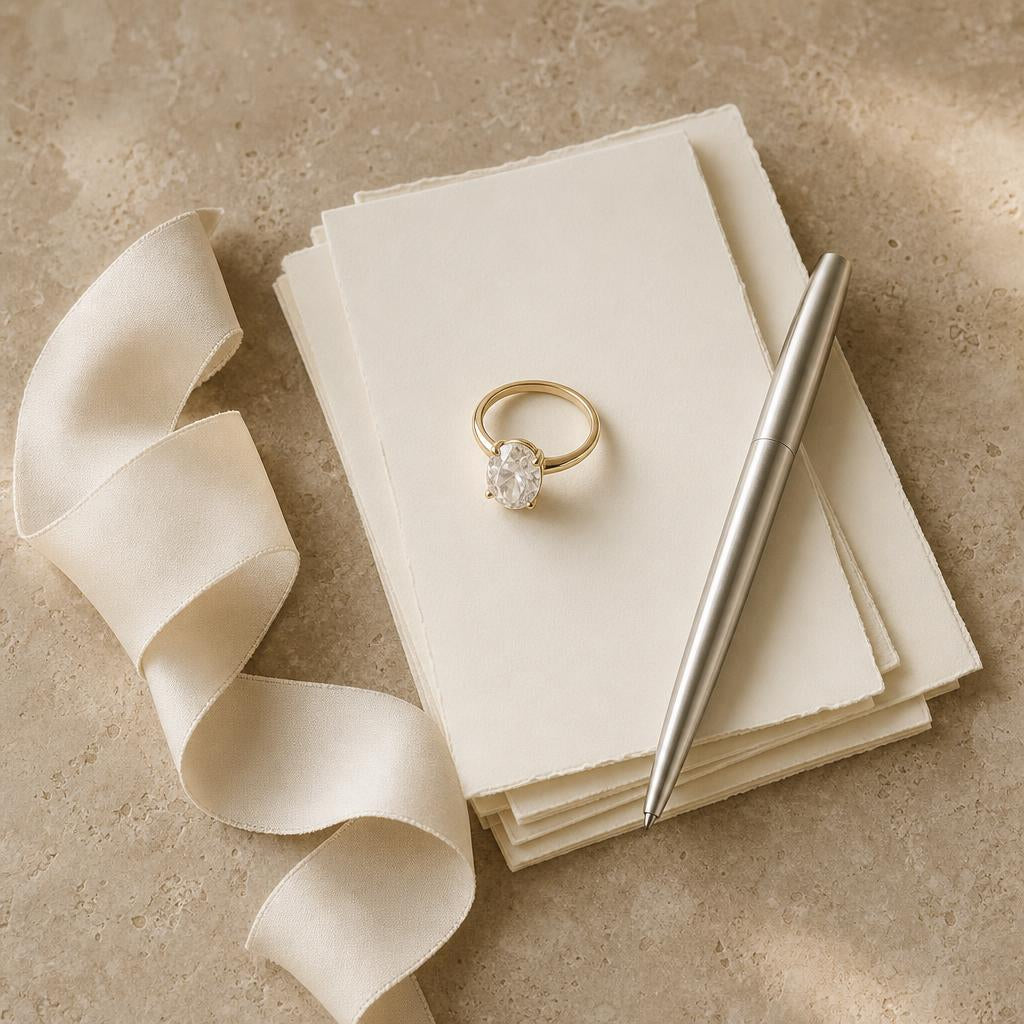 Solitaire engagement ring resting on notecards and ribbon, warm flat lay