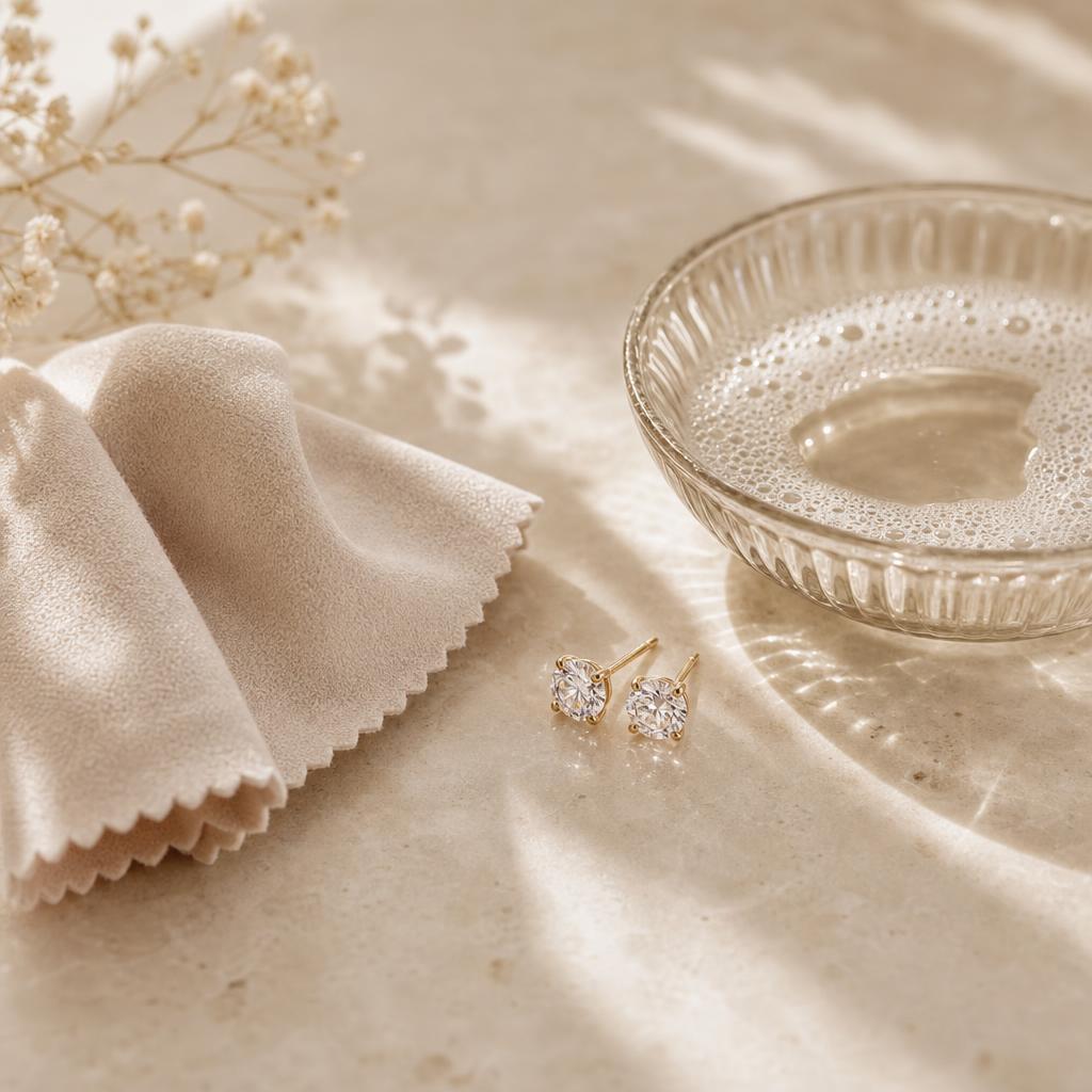Stud earrings resting beside a soft cloth and bowl of soapy water