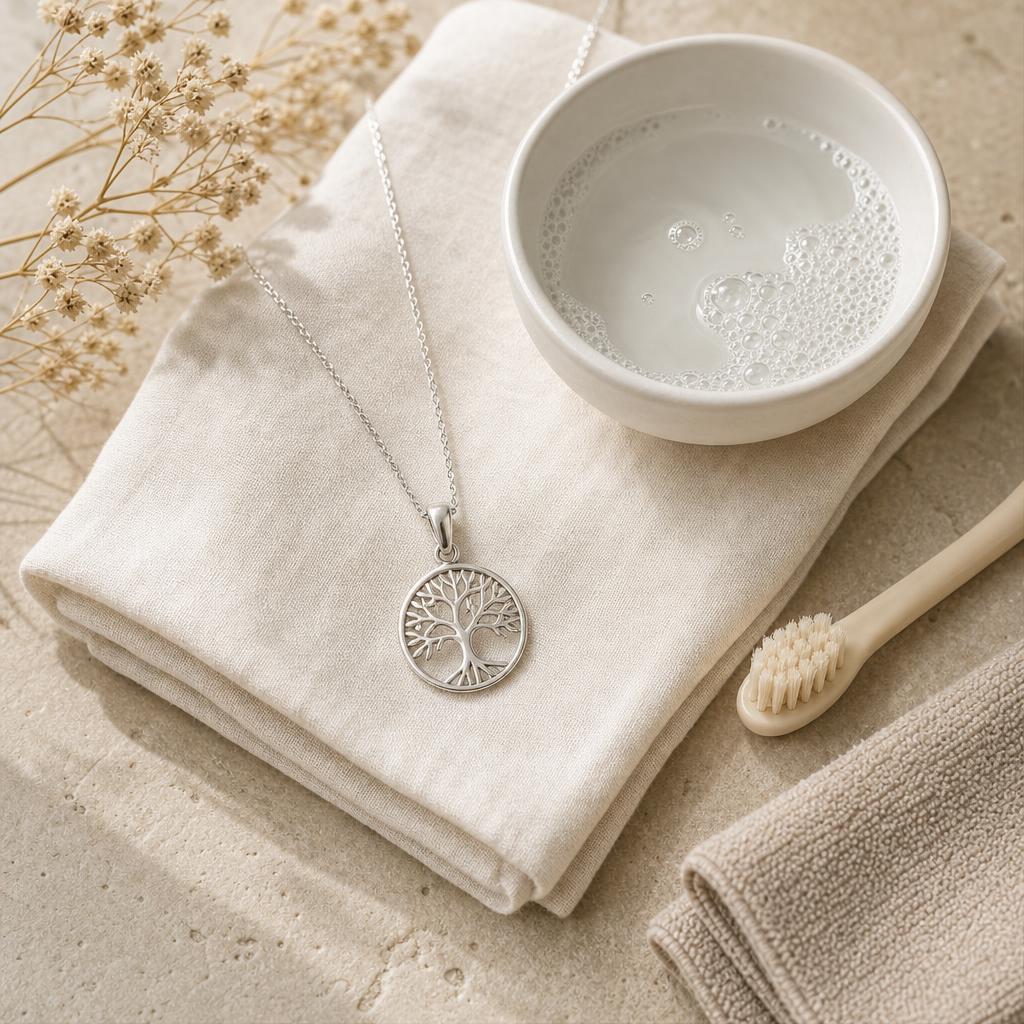 Silver pendant necklace beside a bowl of soapy water and soft brush