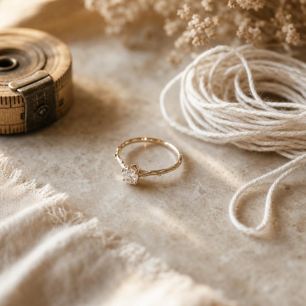A ring resting beside a coil of string and a small measuring tape