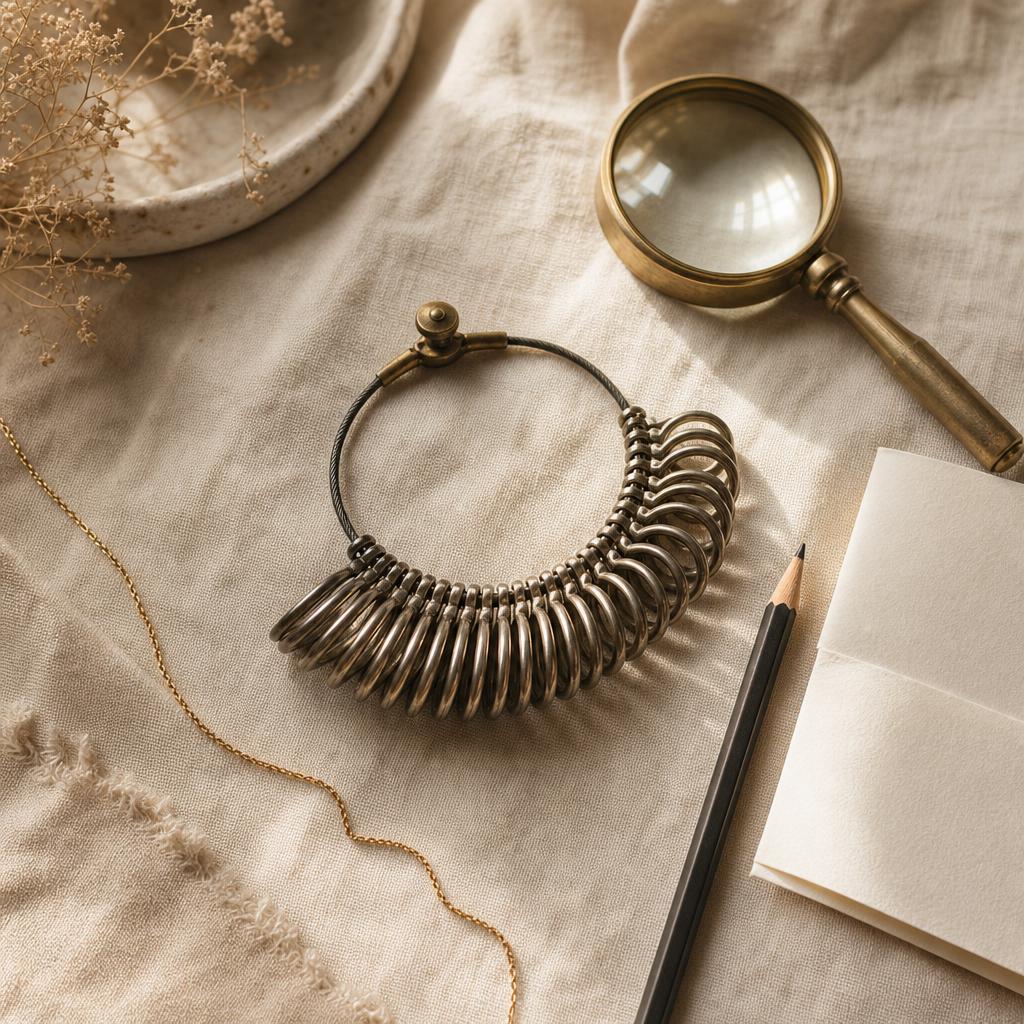 Vintage ring sizing tool and magnifying glass on warm linen background