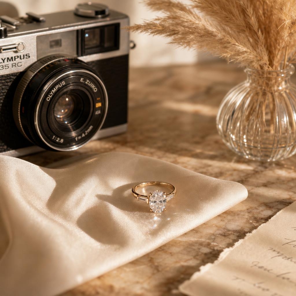 Sparkling engagement ring beside a vintage camera on warm marble