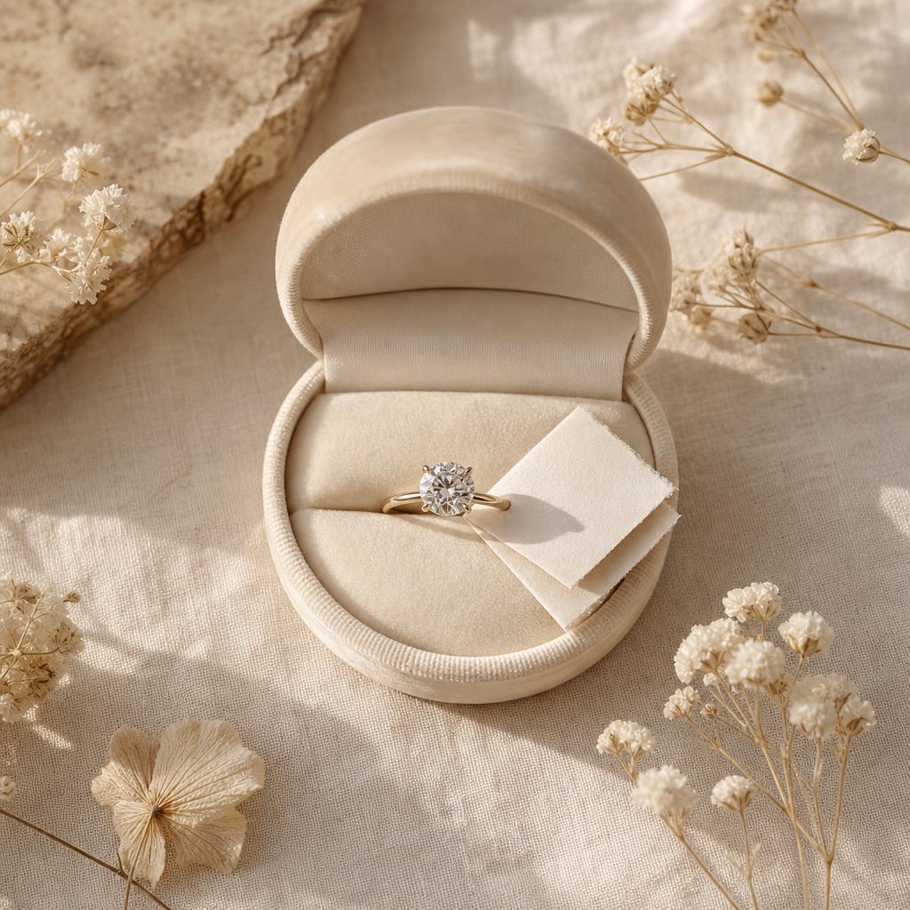 Open ring gift box with sparkling diamond ring, handwritten note and dried flowers on cream linen
