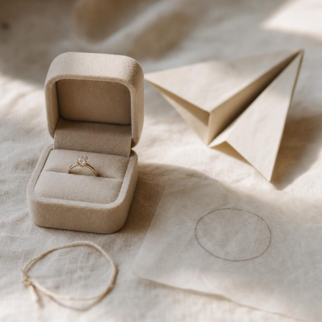 Open ring box with string and tracing paper on cream linen
